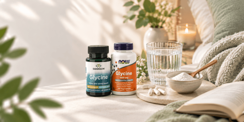 Dvě plastové lahvičky s glycinem NOW a Swanson, glycin v prášku a sklenice vody.