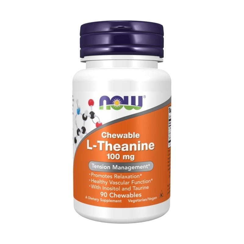 L-theanin NOW, 100 mg (90 žvýkacích tablet)